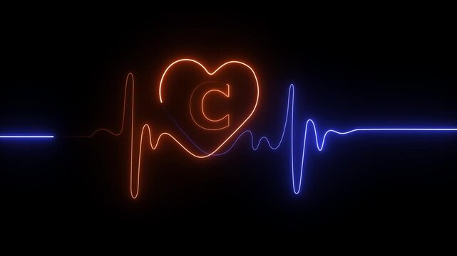 Neon electrocardiogram line with letter C inside a heart shape in blue and orange on black background