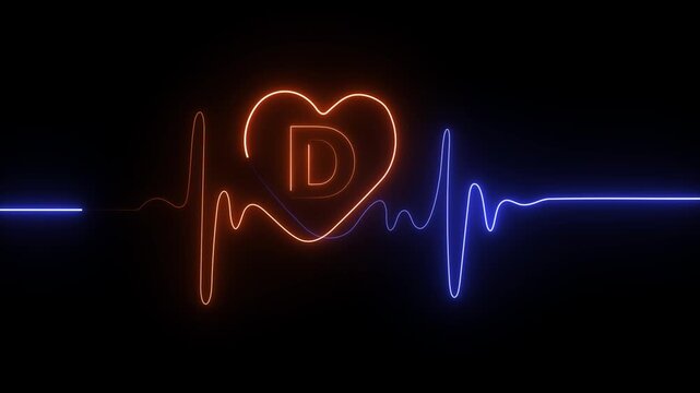 Neon electrocardiogram line with letter D inside a heart shape in blue and orange on black background