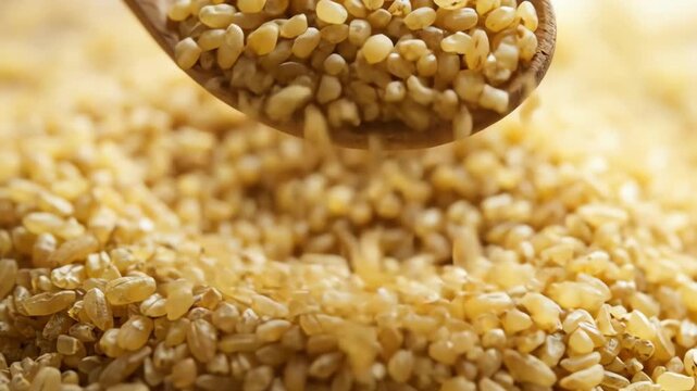 Golden bulgur wheat grains gently scooped by a rustic wooden spoon, food ingredient close-up on a warm surface.