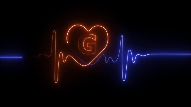 Neon electrocardiogram line with heart shape and letter G inside on black background heartbeat heart rate