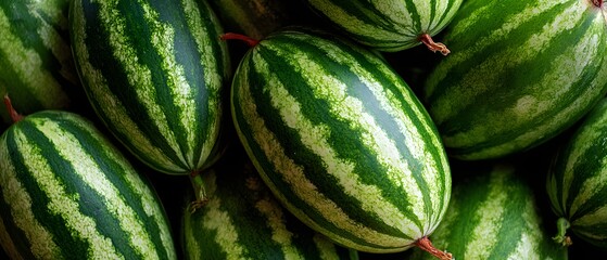 A close-up view of several ripe watermelons with their distinctive green stripes