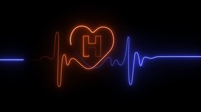 Neon electrocardiogram line with heart shape and letter H inside on black background heartbeat heart rate