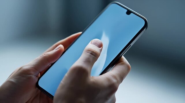 Close-Up of Hands Holding and Using a Modern Smartphone With a Blank Blue Screen