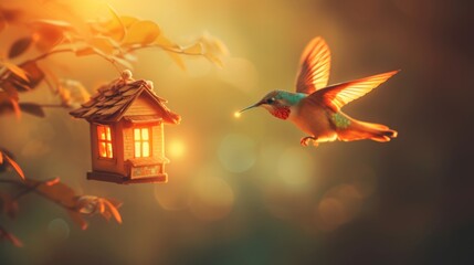 Fototapeta premium Hummingbird flying near illuminated wooden birdhouse at sunset