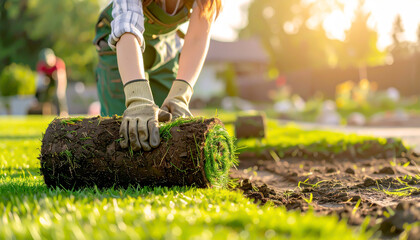 Rollrasen wird im Garten verlegt