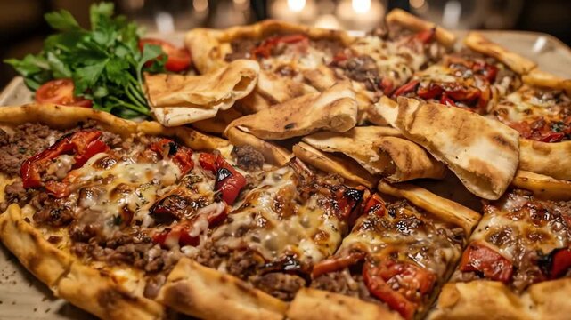 Appetizing close-up of freshly baked Turkish pides with ground meat and cheese, served on a platter, ready to enjoy