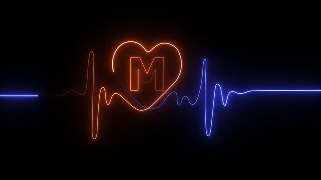 Neon Heartbeat Line With Letter M Inside Heart On Black Background electrocardiogram heart rate