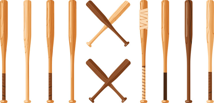 Wooden baseball bat vector set with crossed club composition and different wood textures for sports equipment design isolated on background.