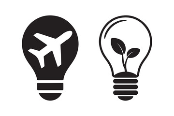 Light bulb icon set with airplane and green sprout for travel and eco innovation. © AbdullahAlMahmud