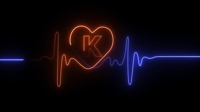 Neon Heartbeat Line With Letter K Inside Heart On Black Background electrocardiogram heart rate