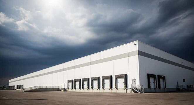 Exterior view of a large white industrial warehouse building with many loading docks under dramatic storm.