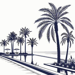 A row of palm trees next to a body of water