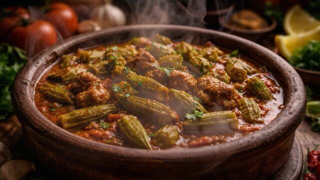 A close-up shot of a traditional vegetable stew with okra and tender meat chunks, served in a handmade ceramic bowl with rising steam. This high-quality food animation is perfect for culinary blogs, r
