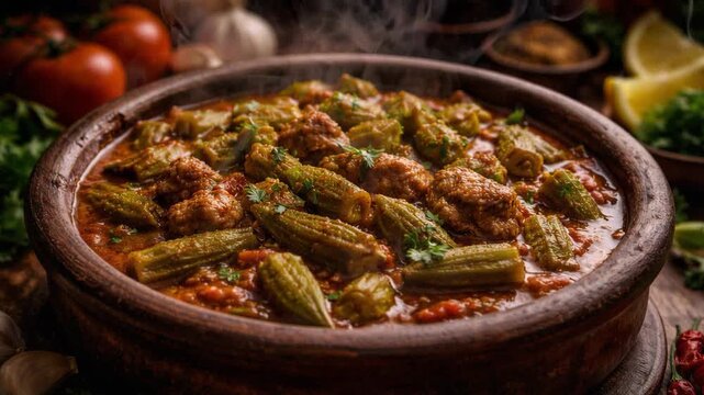 A close-up shot of a traditional vegetable stew with okra and tender meat chunks, served in a handmade ceramic bowl with rising steam. This high-quality food animation is perfect for culinary blogs, r