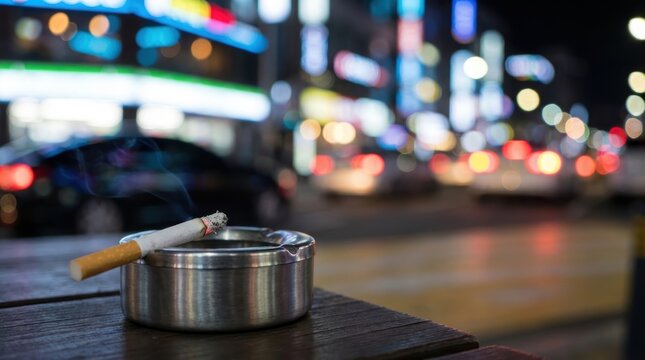 Smoking cigarette rests in a metal ashtray on a wooden table Blurred night city street with colorful urban lights
