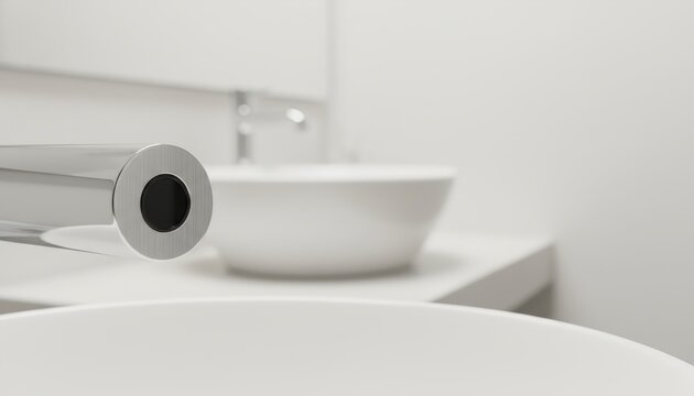 Close up of a modern chrome sensor faucet above a white ceramic basin in a minimalist bathroom setting