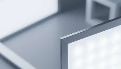 Sleek metallic edge of a bright display panel shows glowing pixels Abstract background with soft geometric shadows