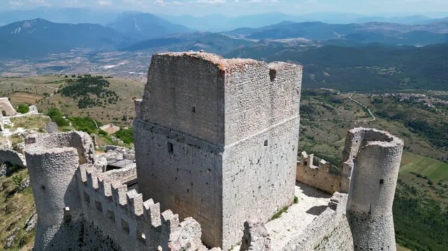 Circular birds-eye view on castle Rocca Calascio 4k drone