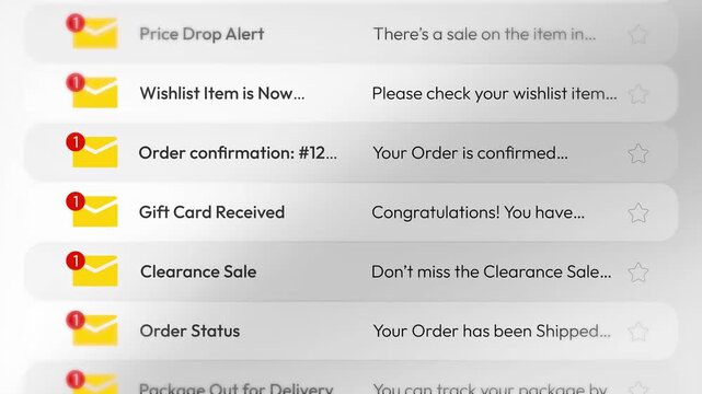 Online shopping frenzy email notifications showcase delivery updates price alerts and order confirmations in fast-paced digital retail environment video