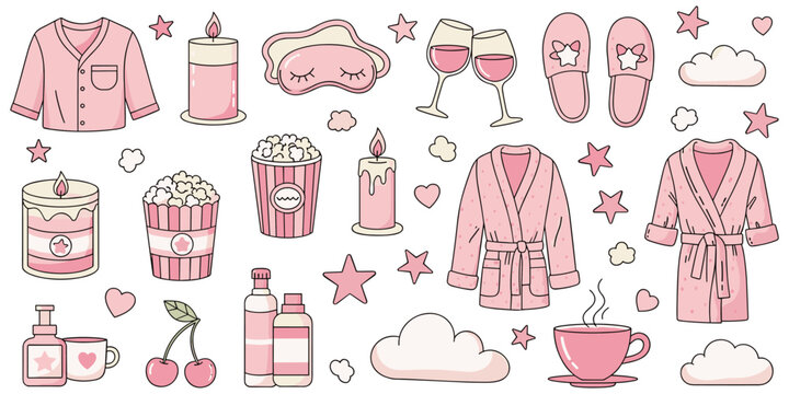 Cozy relaxation illustration, self-care theme, pajamas bathrobes, candles popcorn, sleep mask, wine glasses, slippers stars, spa day, comfort design, flat vector art