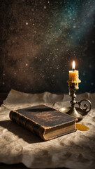 Mysterious dark academia still life featuring an ancient leather book with a melting wax candle on crumpled paper under magical glowing dust particles