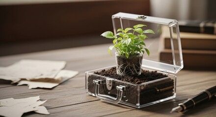 Fototapeta premium Green plant growing from soil in transparent briefcase on desk