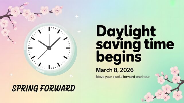 Daylight Saving Time Begins 2026 poster showing retro alarm clock symbolizing spring forward and time change reminder