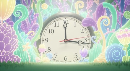 Clock in whimsical garden setting