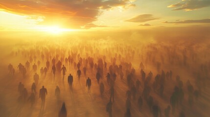 Fototapeta premium Silhouetted crowd walking in a golden misty landscape