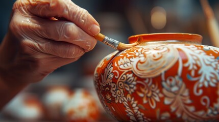 Obraz premium Hand-painting an ornate ceramic vase with intricate designs