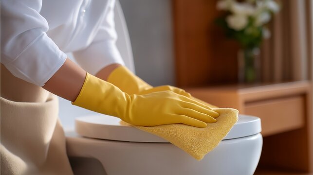 Cleaning toilet while wearing protective gloves, representing the safety practices involved in household chores, highlighting the significance of personal hygiene and safeguarding against harmful