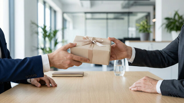 Employee appreciation gift exchange in corporate office showing recognition reward gratitude professional relationship and workplace motivation concept