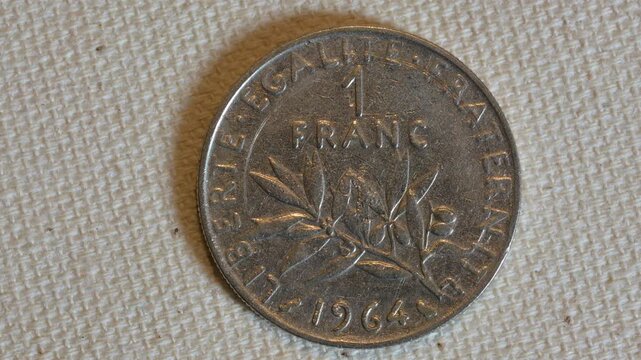 Vintage 1 Franc French Coin from 1964, Republic of France Currency, Olive Branch Design.