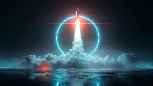 Rocket launch neon ring glowing light night sky cloud reflection�futuristic rocket ascends through glowing neon ring, illuminating dramatic night sky with clouds, smoke, and powerful energy technology