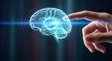 A human hand interacts with a glowing, wireframe digital representation of the brain, symbolizing concepts of artificial intelligence, neuroscience, technology, and human-computer interface.