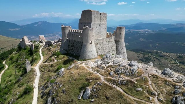 Circular birds-eye view on castle Rocca Calascio 4k drone