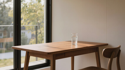 A wooden desk with a glass of water is placed next to a large window revealing blurred greenery and distant structures Sunlight illuminates the desk surface and a partial chair