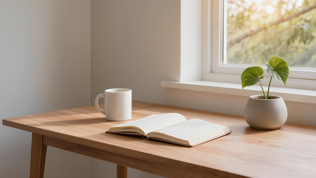 A wooden desk next to a window holds a white mug an open notebook and a small plant in a gray pot Sunlight creates soft shadows on the surface