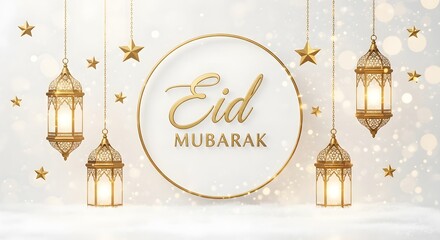 Obraz premium Eid Mubarak gold lanterns celebration greeting card with stars and festive lights background