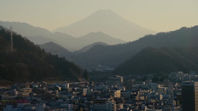 Iconic Mount Fuji landscape captured from above Otsuki town.