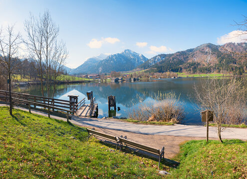 Fischhausen boat landing, lake Schliersee with mountain views, spring landscape bavaria