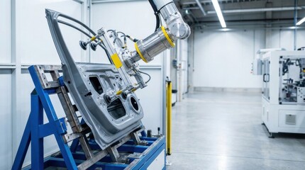 Industrial robotic arm accurately positions an automotive door panel during automated manufacturing in a clean factory