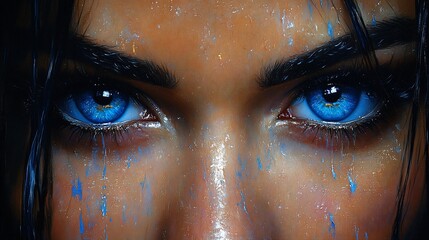 Intense Gaze Striking Blue Eyes in Textured Portrait with Blue Accents.
