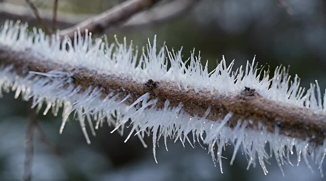 Close up macro shot of frost needles on a tree branch on winter