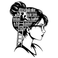 Book Lover Girl Profile Portrait, Woman Reading Book Inside Her Mind Illustration, Librarian And Library Concept Graphic, Intellectual Female Mind Silhouette, Knowledge And Education Art © VisuaLabArt