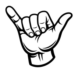 Shaka Hand Sign Vector Illustration, Hang Loose Hawaiian Gesture Silhouette, Surfing Culture Symbol, Positive Vibes Hand Sign, Coastal Lifestyle Graphic For Decal And Design, Aloha Spirit © VisuaLabArt