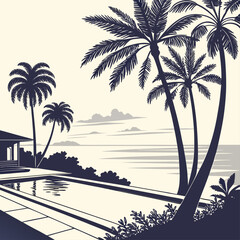 A black and white image of a tropical resort with palm trees © Rifat