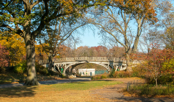 Paisaje oto&ntilde;al del famoso Central Park, New York City, EE.UU. Oficialmente Bridge 28 conocido como Gothic Bridge en Central Park , Noviembre 2019.