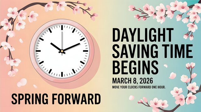 Minimal Daylight Saving Time Begins 2026 artwork featuring classic clock and spring forward seasonal time adjustment concept