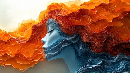 Serene Profile Abstract Woman with Flowing Orange and Blue Paper Waves.